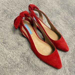 Draper James Pointed Toe Red Suede Slingback Flats with Bow
